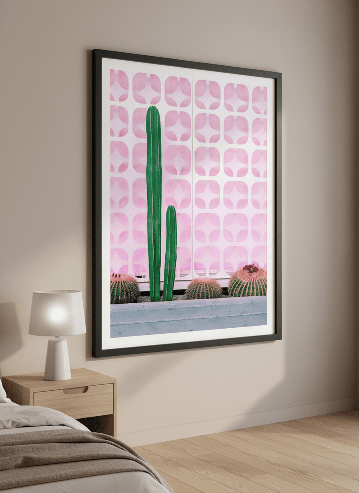 Minimalist artwork displayed in a calm, light-filled bedroom interior