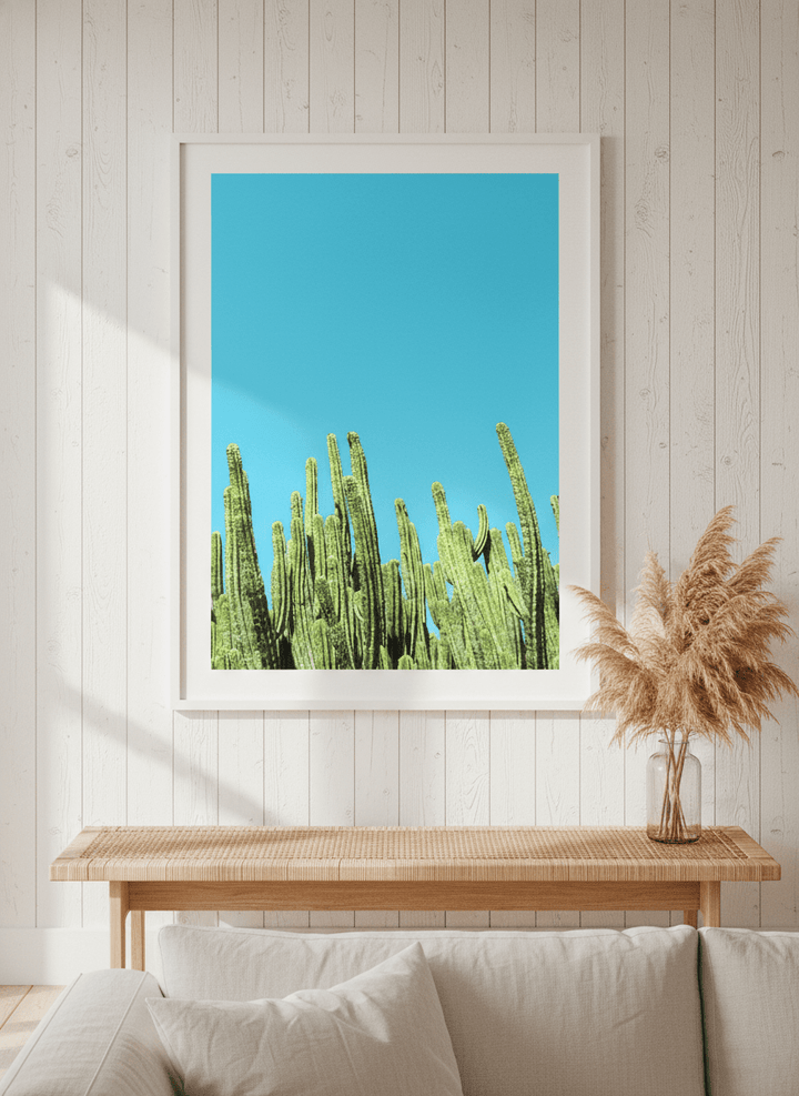 Neutral wall art displayed in a sunny coastal beach house