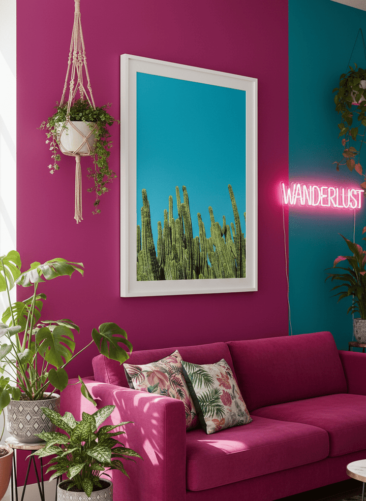 Bold wall art styled in a colourful, eclectic modern home