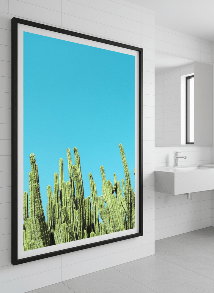Modern print displayed in a clean minimalist bathroom setting