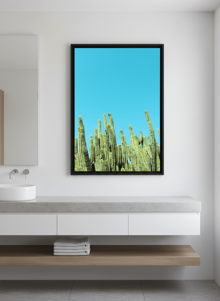 Modern print displayed in a clean minimalist bathroom setting