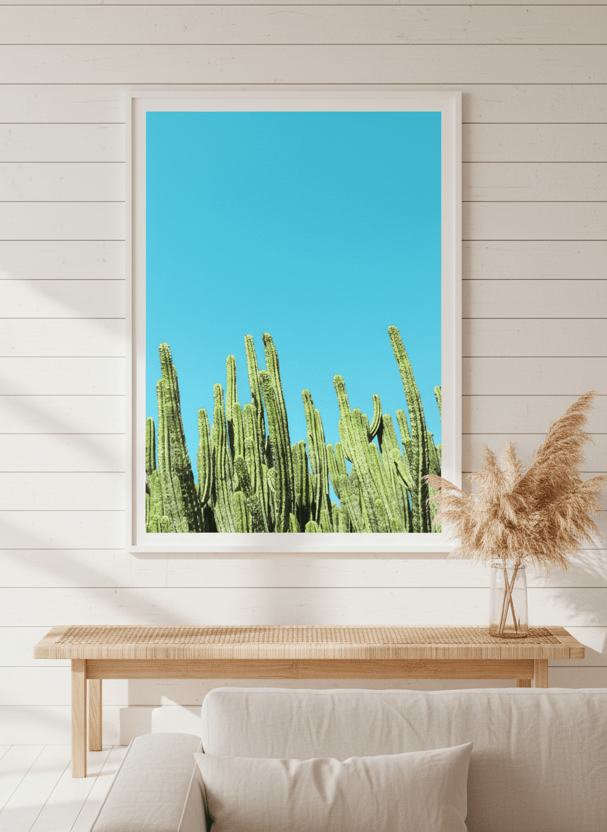 Neutral wall art displayed in a sunny coastal beach house