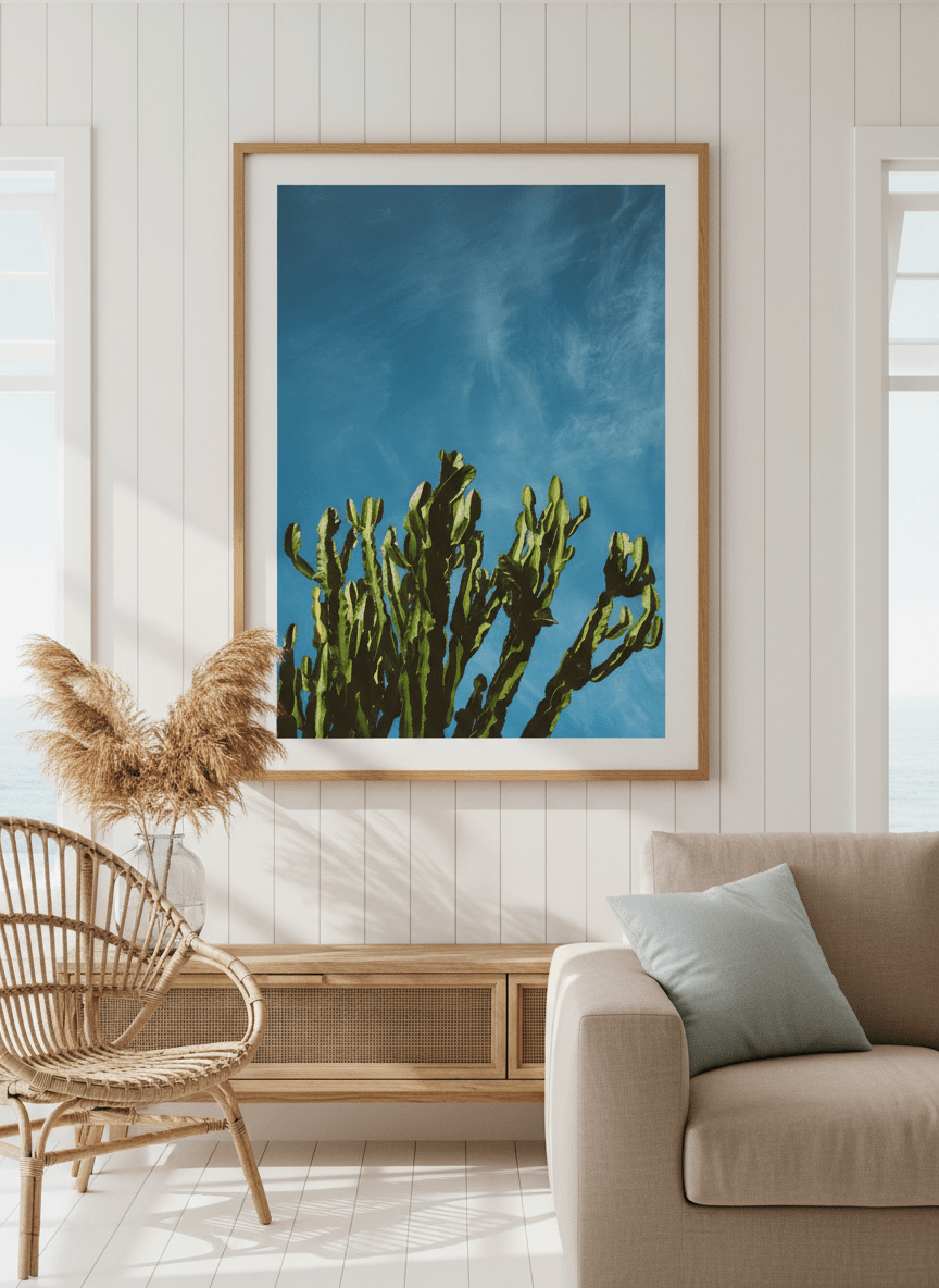 Neutral wall art displayed in a sunny coastal beach house