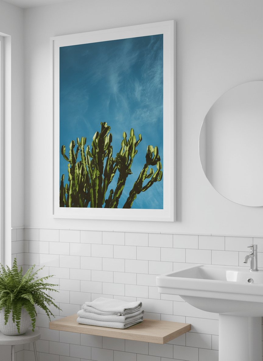 Modern print displayed in a clean minimalist bathroom setting