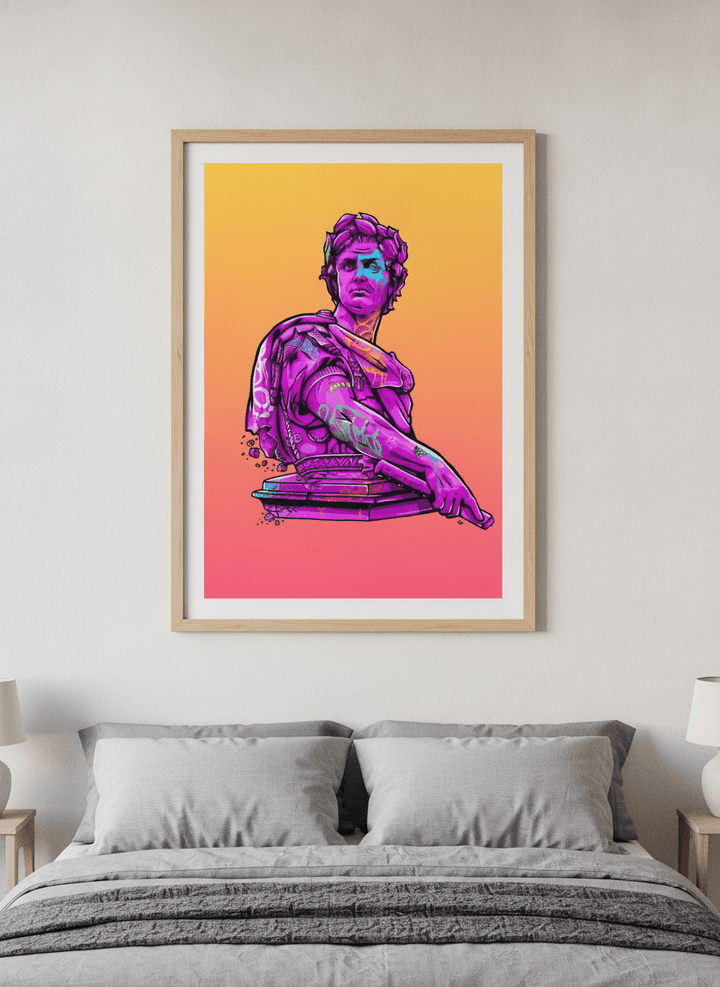 Minimalist artwork displayed in a calm, light-filled bedroom interior
