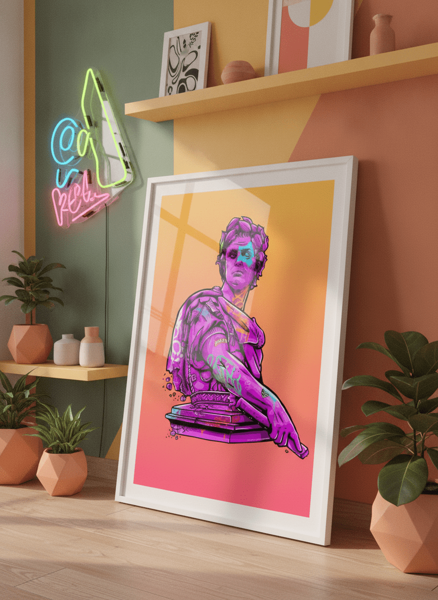 Bold wall art styled in a colourful, eclectic modern home