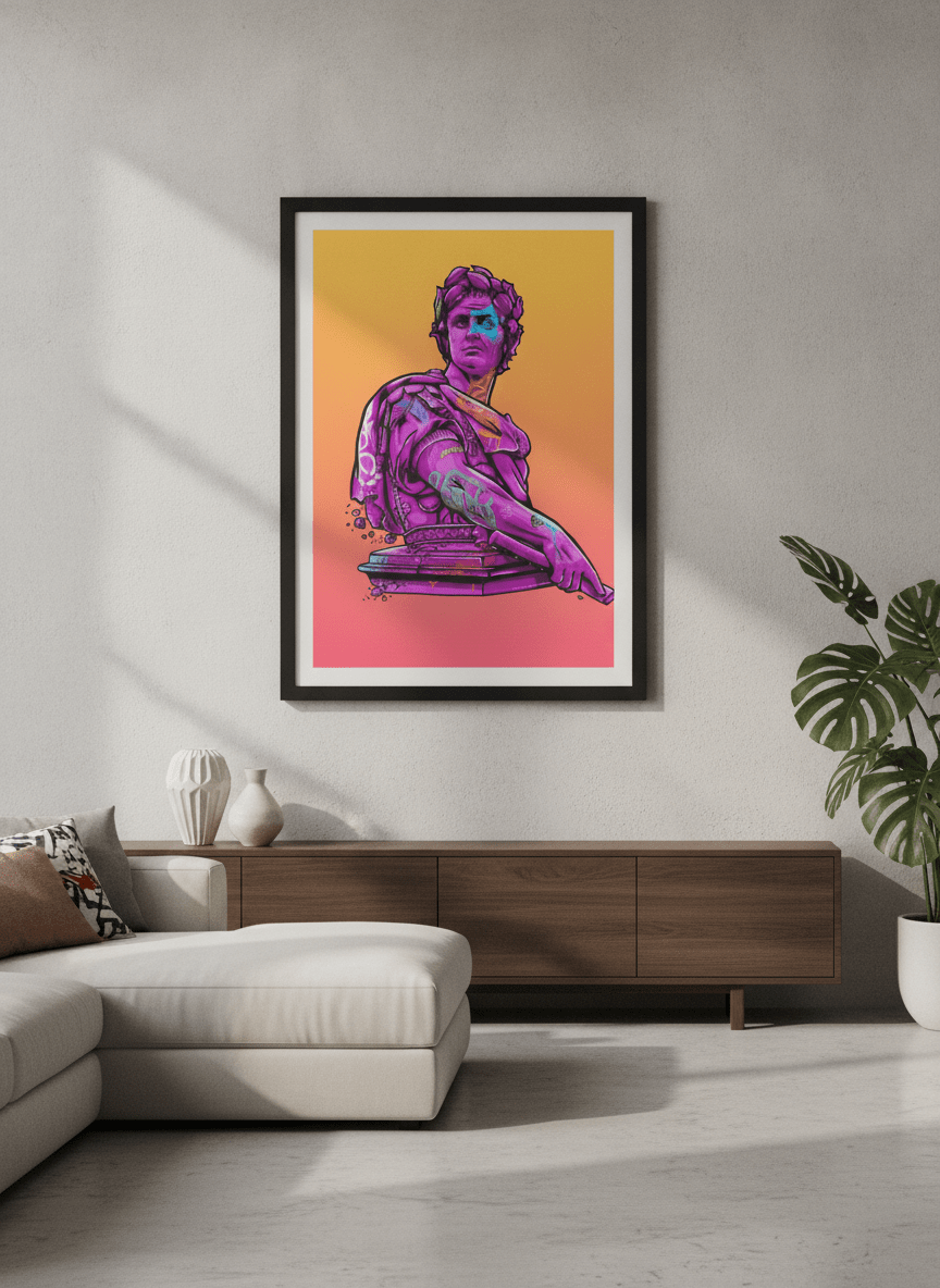 Modern wall art styled above a sofa in a neutral living room