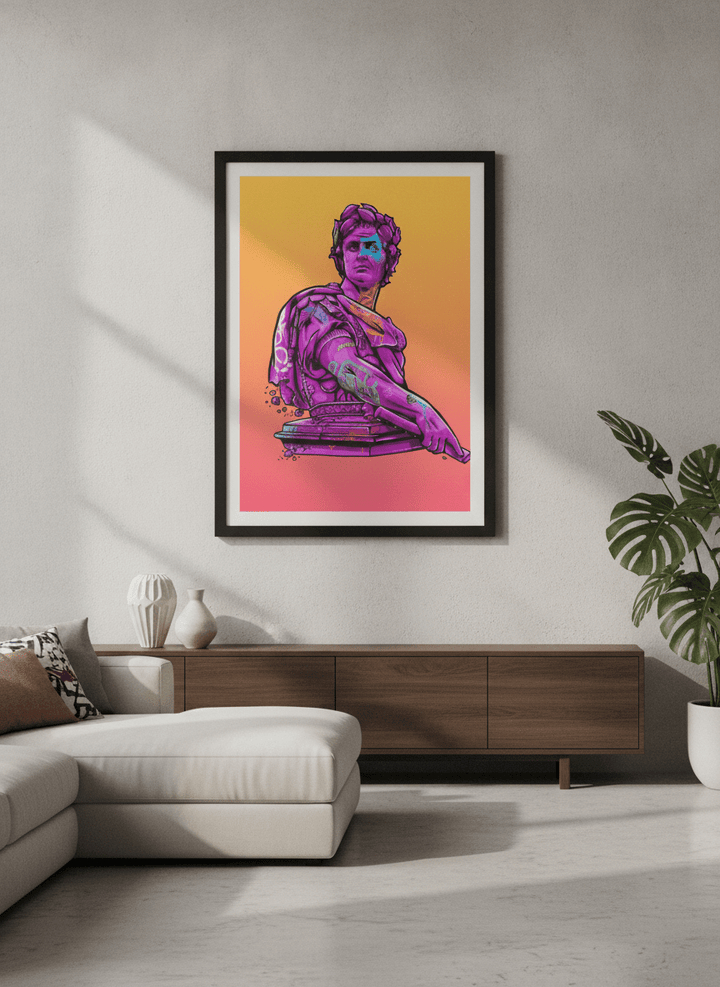Modern wall art styled above a sofa in a neutral living room