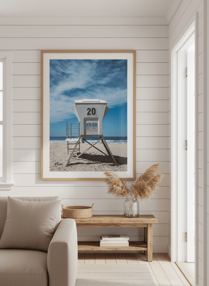 Neutral wall art displayed in a sunny coastal beach house