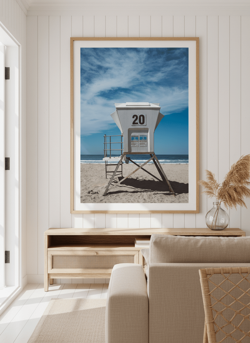 Neutral wall art displayed in a sunny coastal beach house