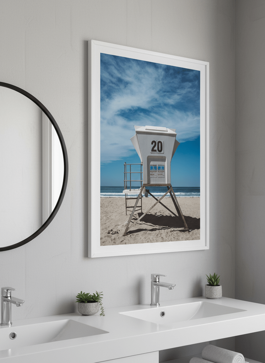 Modern print displayed in a clean minimalist bathroom setting