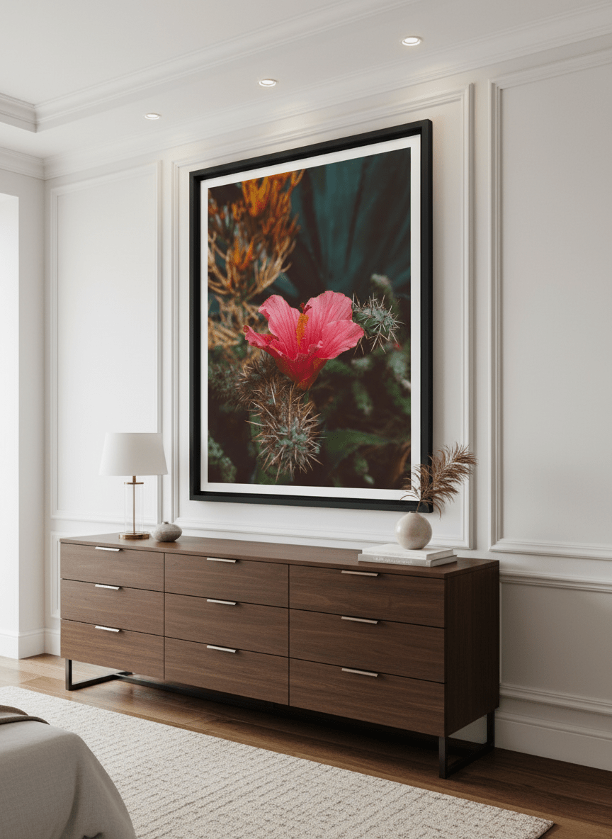 Monumental artwork centred on a feature wall in a luxe interior