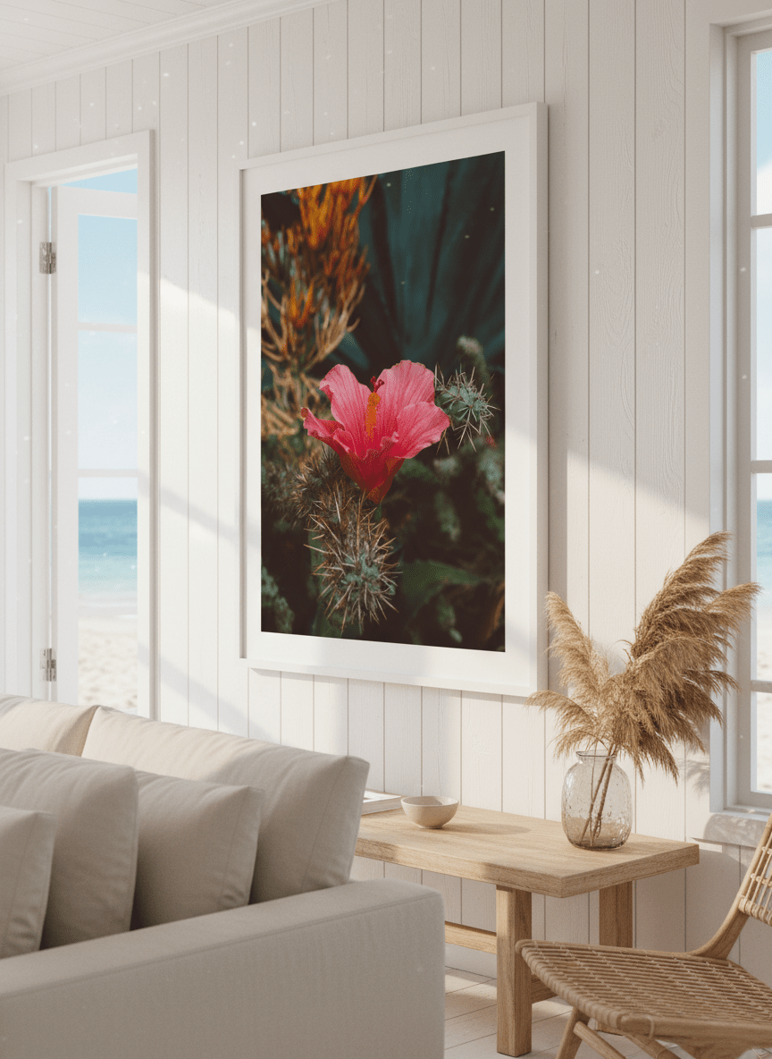 Neutral wall art displayed in a sunny coastal beach house