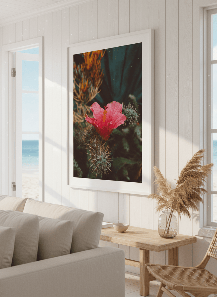 Neutral wall art displayed in a sunny coastal beach house