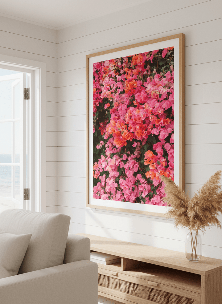 Neutral wall art displayed in a sunny coastal beach house