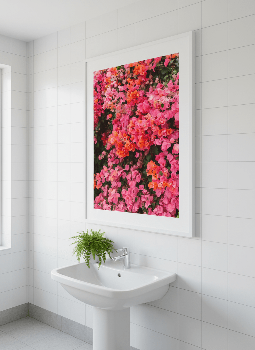 Modern print displayed in a clean minimalist bathroom setting