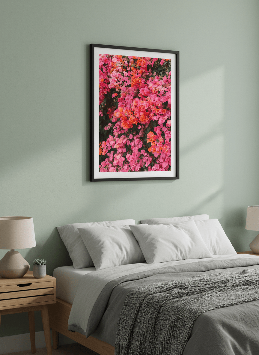 Minimalist artwork displayed in a calm, light-filled bedroom interior