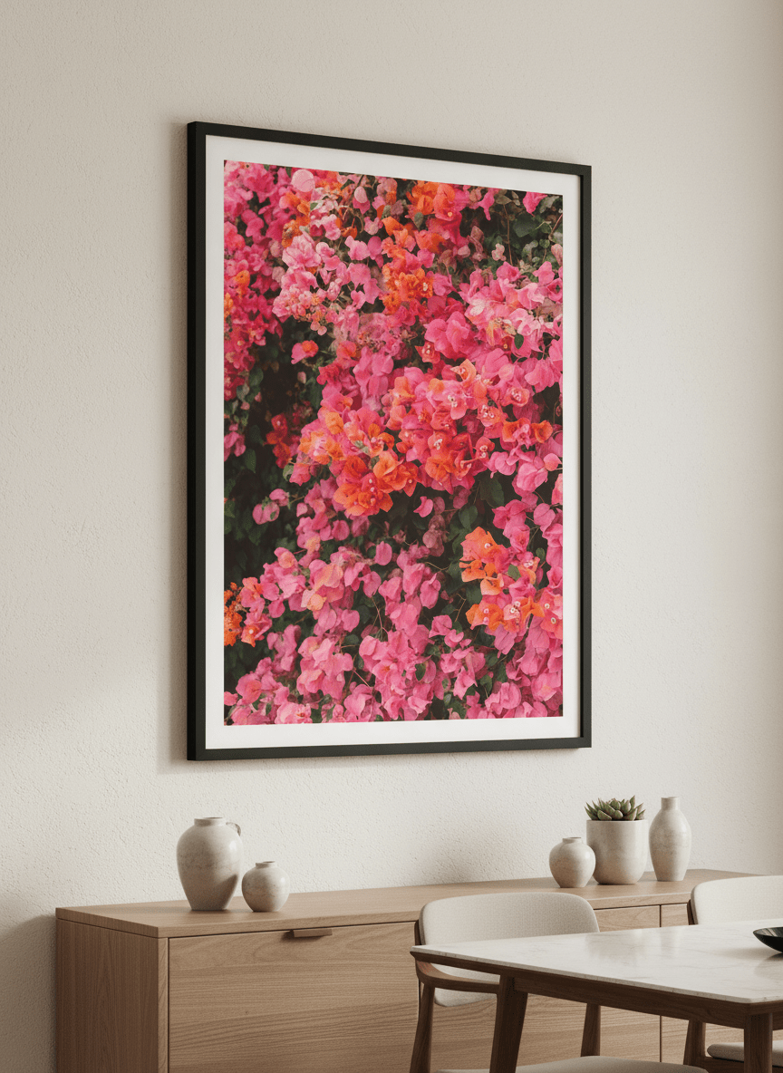 Wall art styled above a dining table in a contemporary home