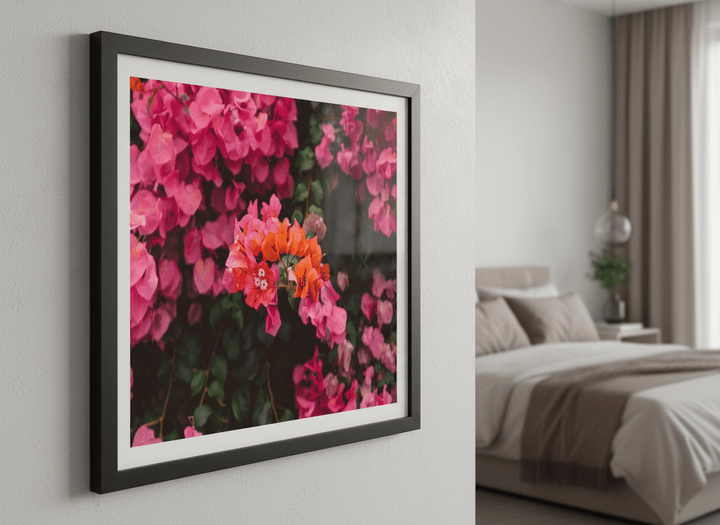 Minimalist artwork displayed in a calm, light-filled bedroom interior