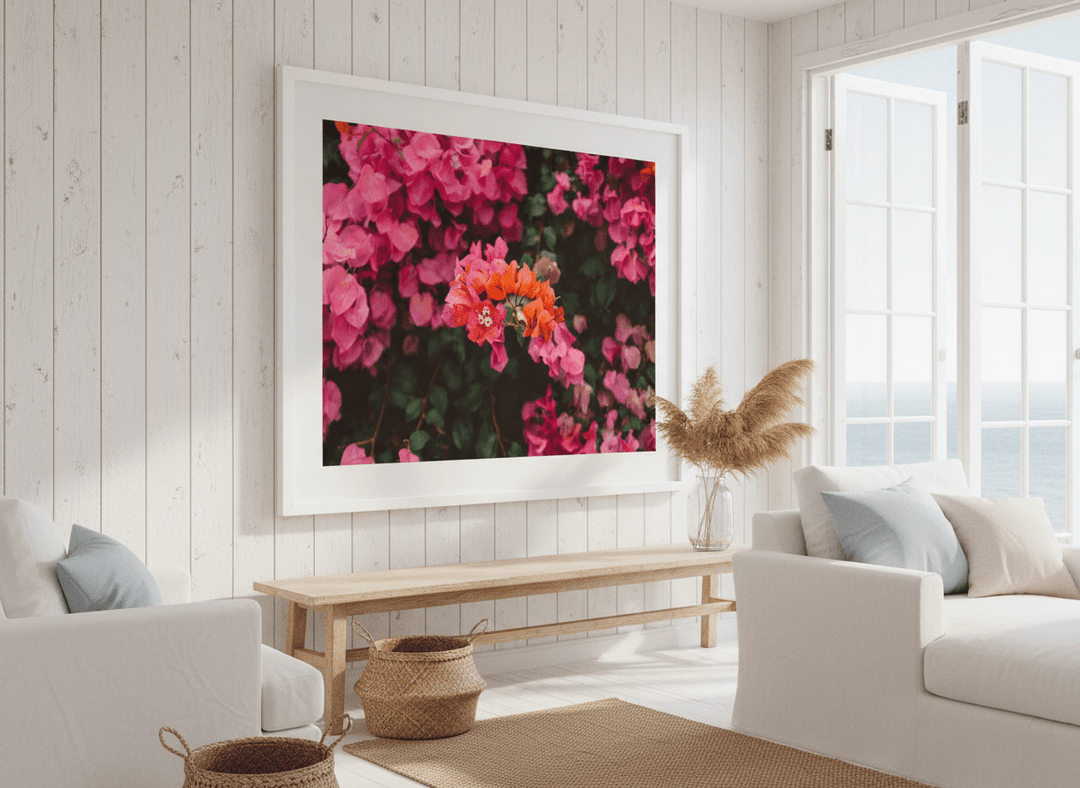 Neutral wall art displayed in a sunny coastal beach house