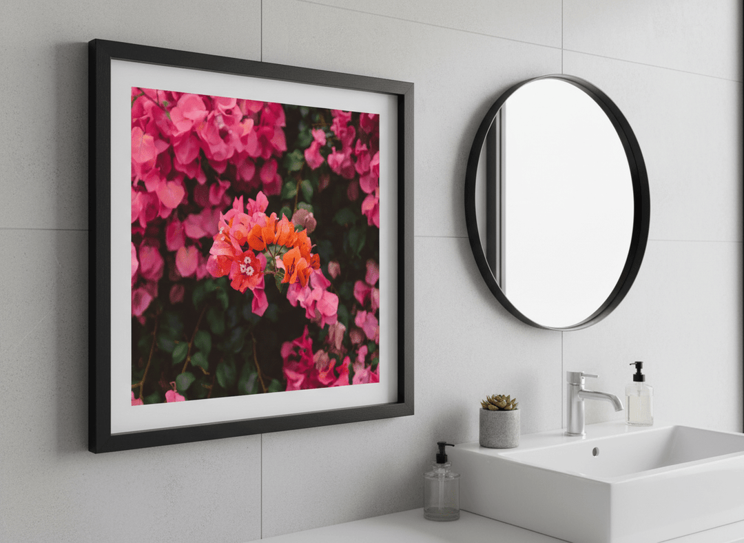 Modern print displayed in a clean minimalist bathroom setting