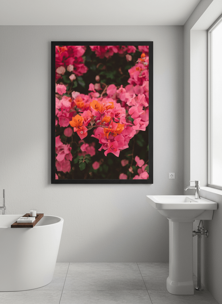 Modern print displayed in a clean minimalist bathroom setting
