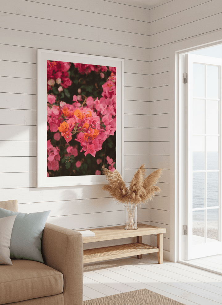 Neutral wall art displayed in a sunny coastal beach house