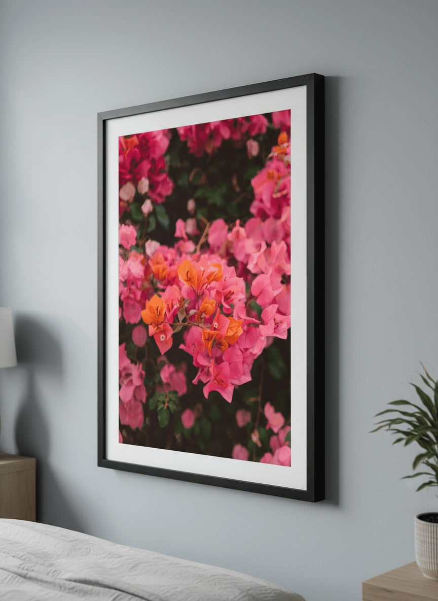 Minimalist artwork displayed in a calm, light-filled bedroom interior