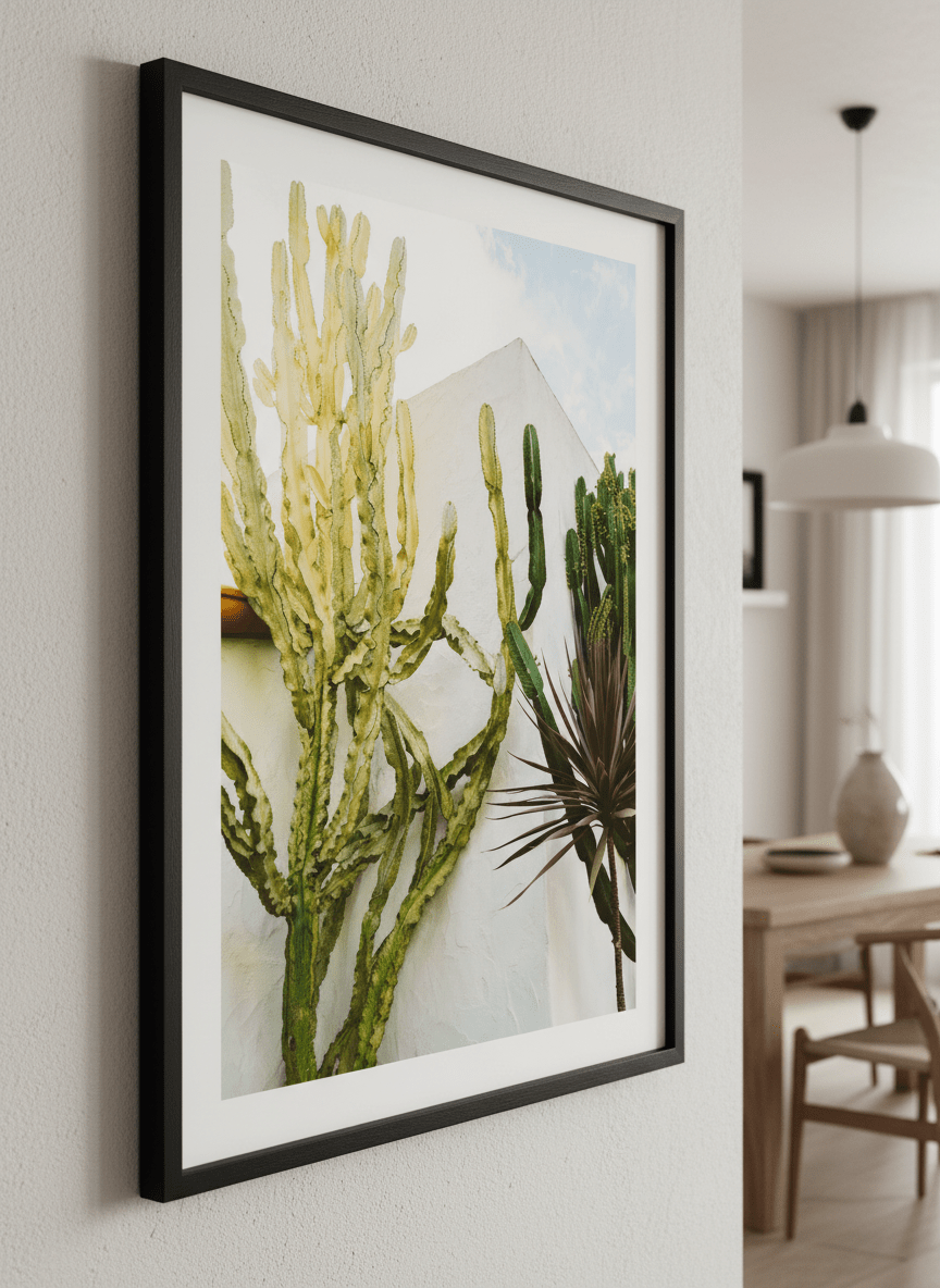 Wall art styled above a dining table in a contemporary home