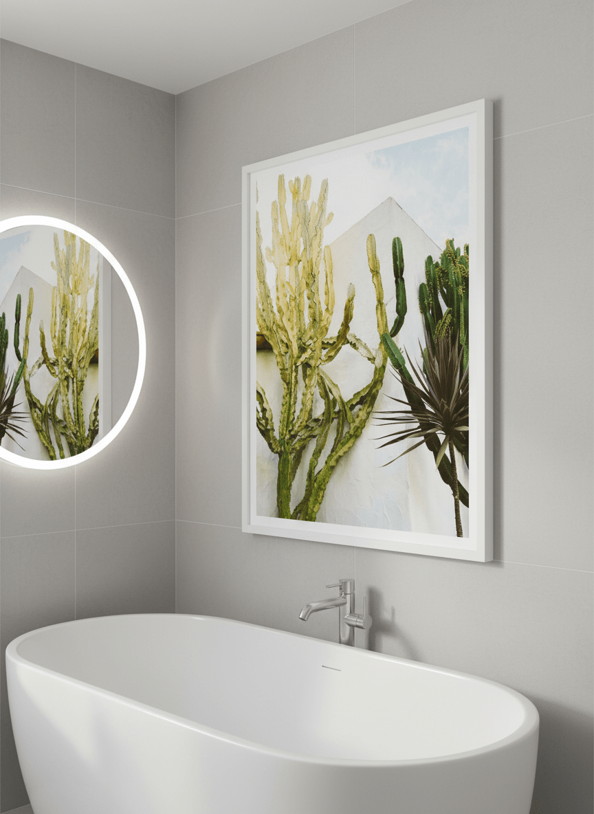 Modern print displayed in a clean minimalist bathroom setting