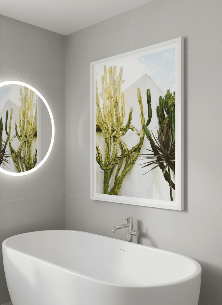 Modern print displayed in a clean minimalist bathroom setting