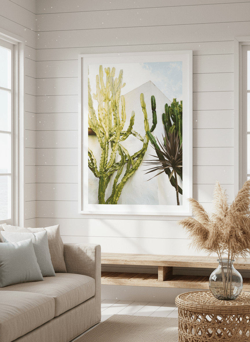 Neutral wall art displayed in a sunny coastal beach house