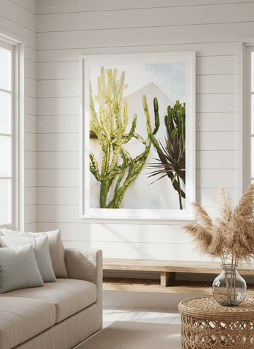 Neutral wall art displayed in a sunny coastal beach house