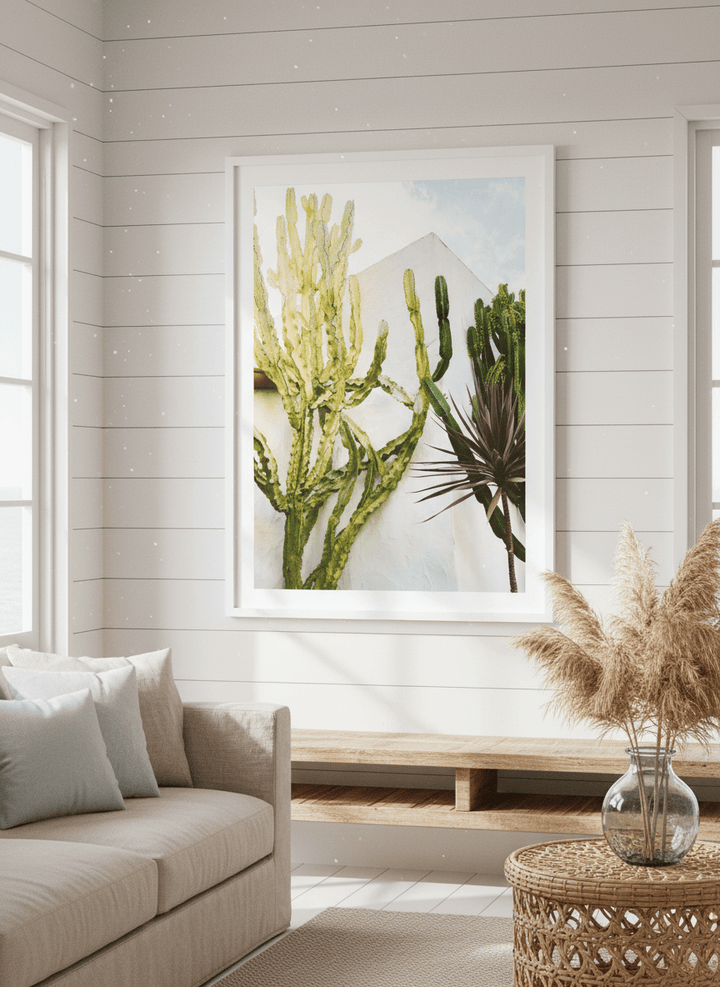 Neutral wall art displayed in a sunny coastal beach house
