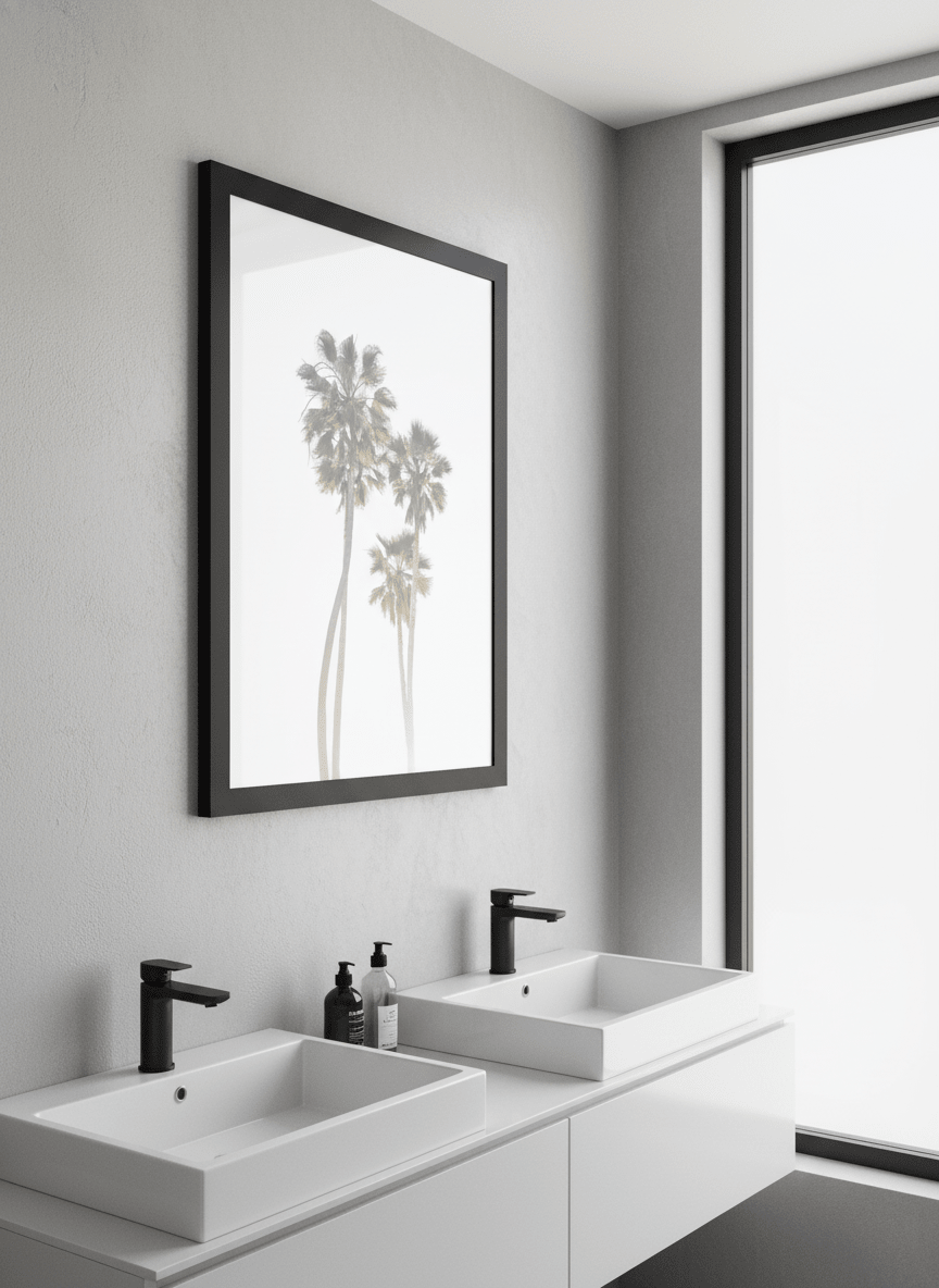Modern print displayed in a clean minimalist bathroom setting