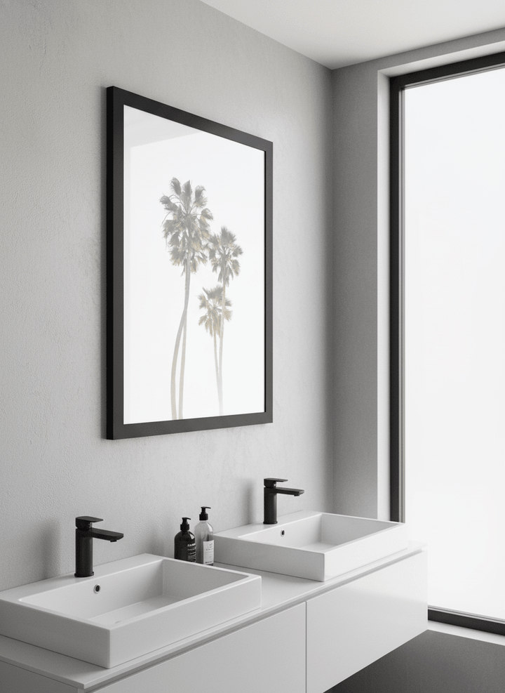 Modern print displayed in a clean minimalist bathroom setting