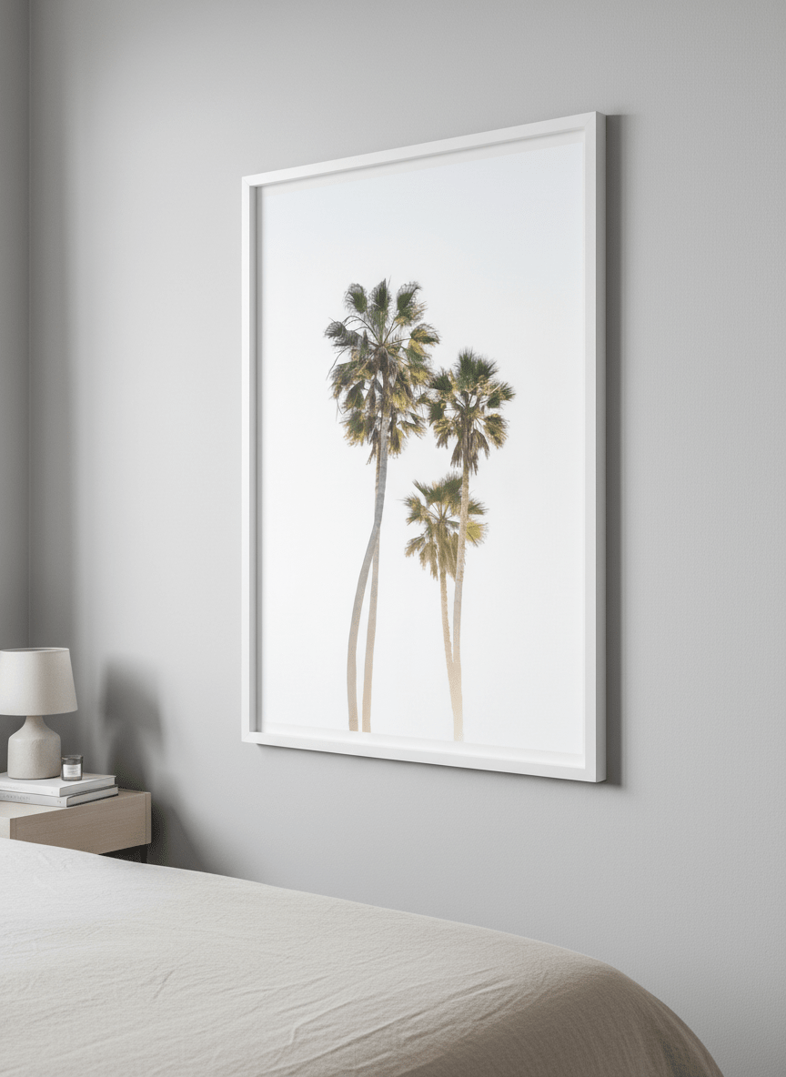 Minimalist artwork displayed in a calm, light-filled bedroom interior