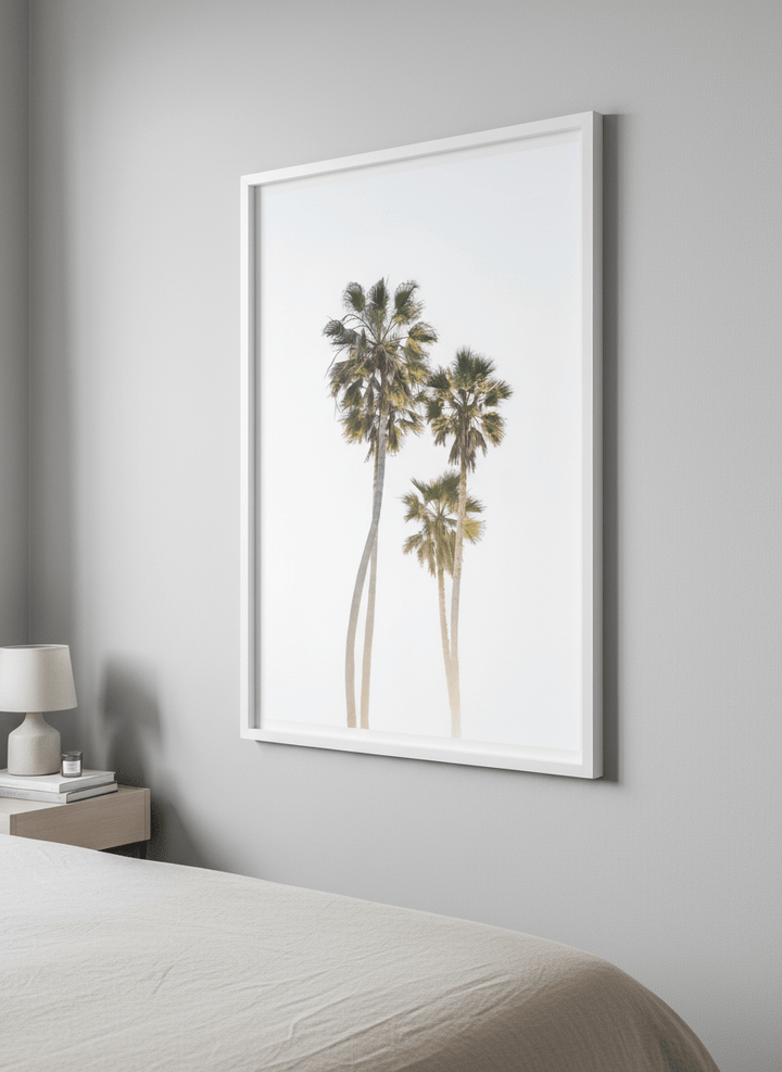 Minimalist artwork displayed in a calm, light-filled bedroom interior