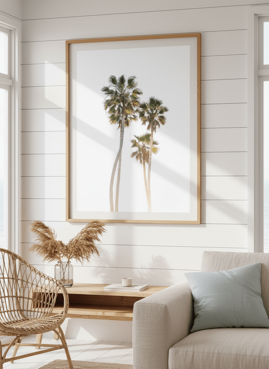 Neutral wall art displayed in a sunny coastal beach house