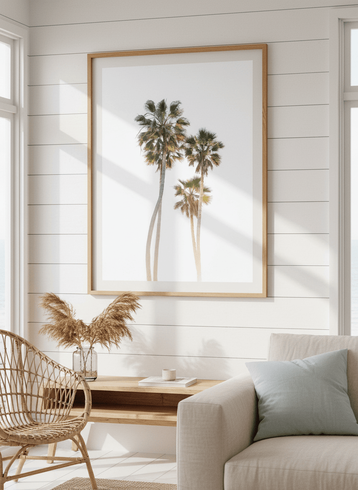 Neutral wall art displayed in a sunny coastal beach house