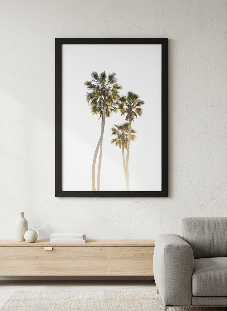 Modern wall art styled above a sofa in a neutral living room