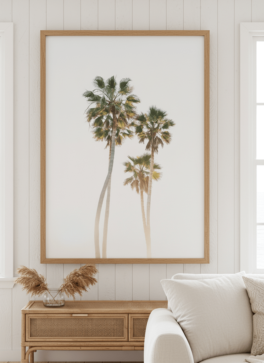 Neutral wall art displayed in a sunny coastal beach house