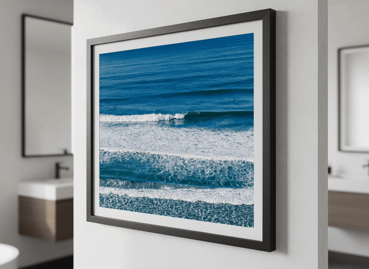 Modern print displayed in a clean minimalist bathroom setting