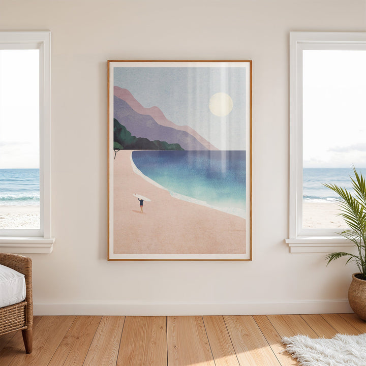 Artwork of a beach scene on a wall with windows and a plant in the room.