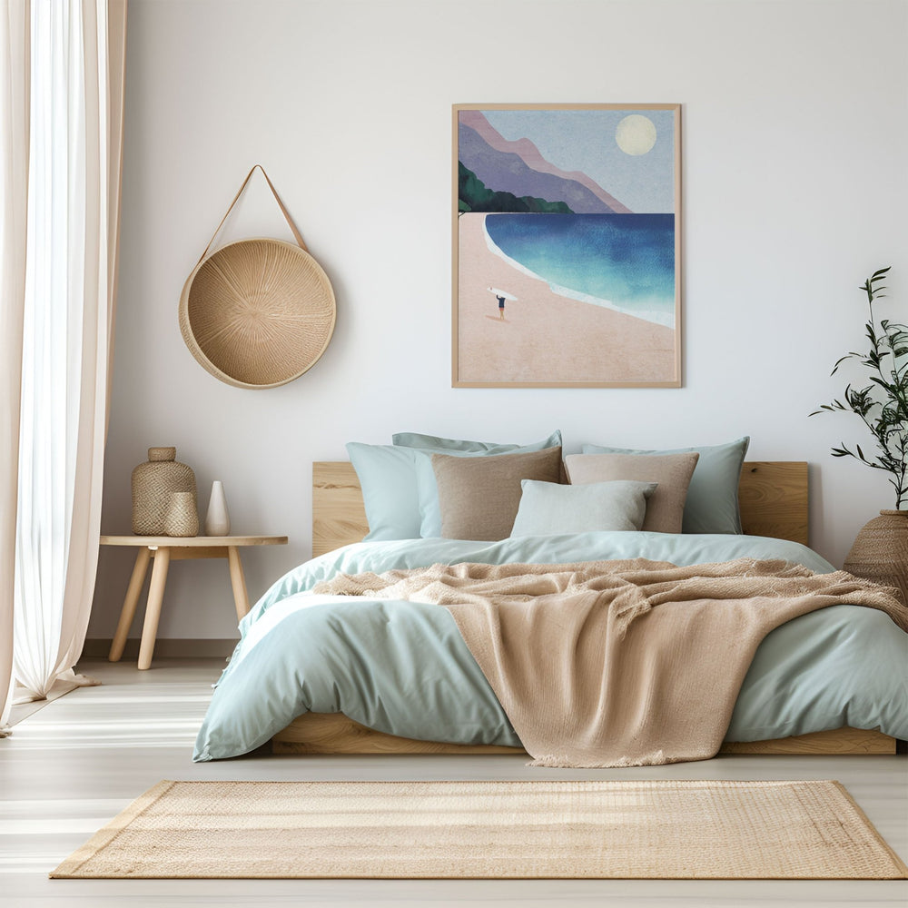 Modern bedroom with a bed, artwork of a beach scene, and decorative items.