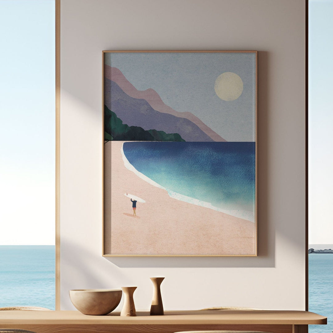 Modern dining room with ocean view, wooden table, and chairs.