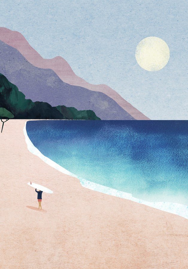 Person with a surfboard walking on a beach under a large moon. framed