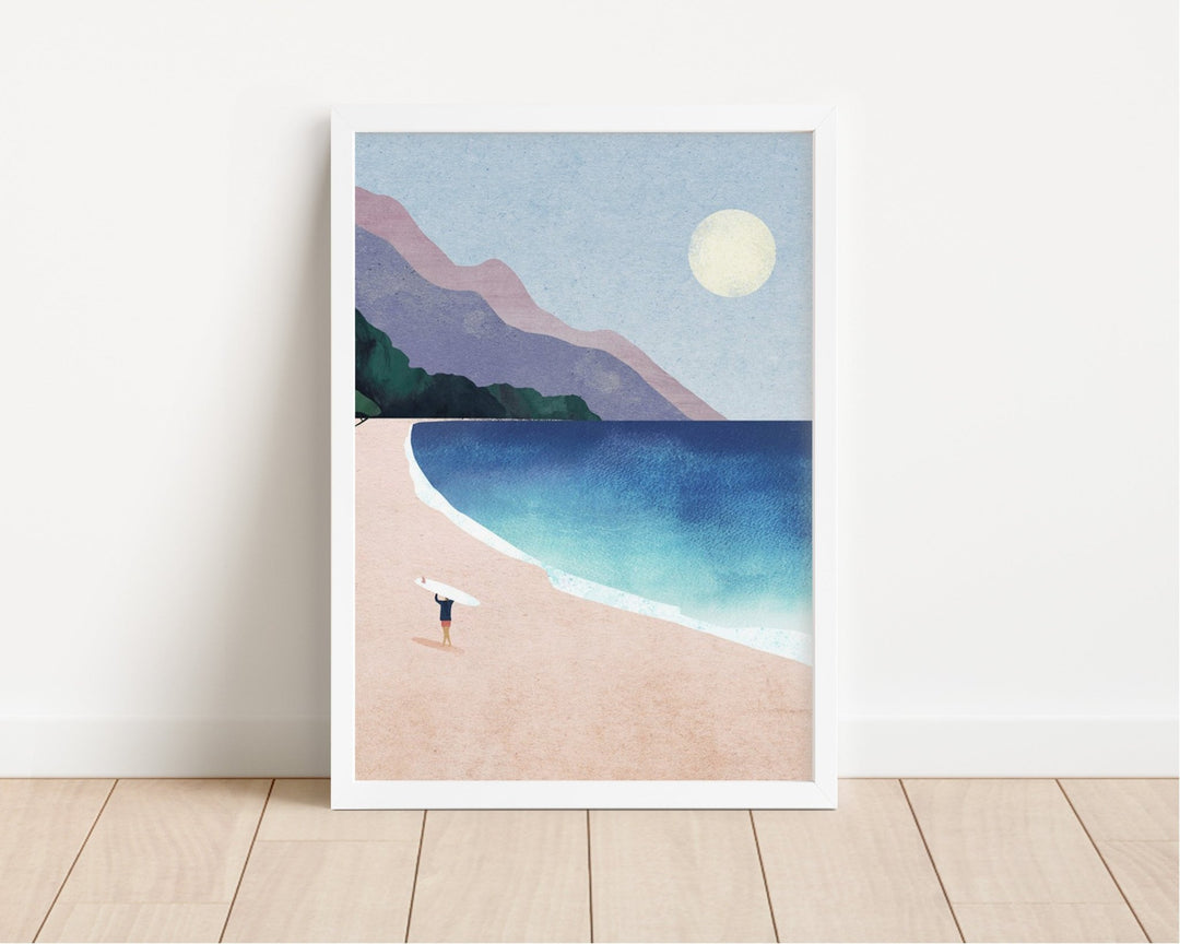 Artwork of a beach scene with a person walking on the sand, mountains, and moonlit sky.