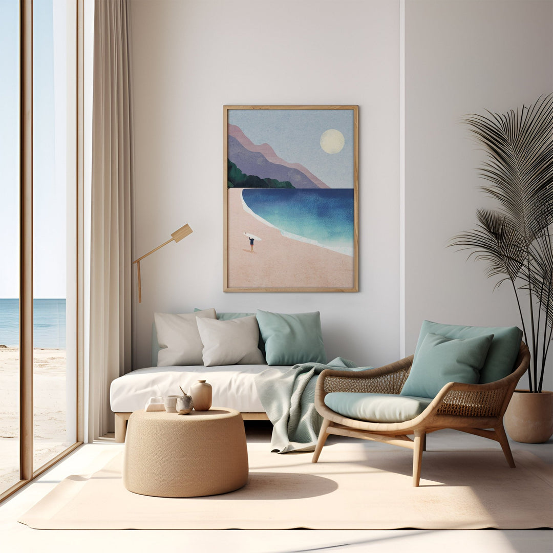 Modern living room with a beach-themed painting, sofa, and armchair.