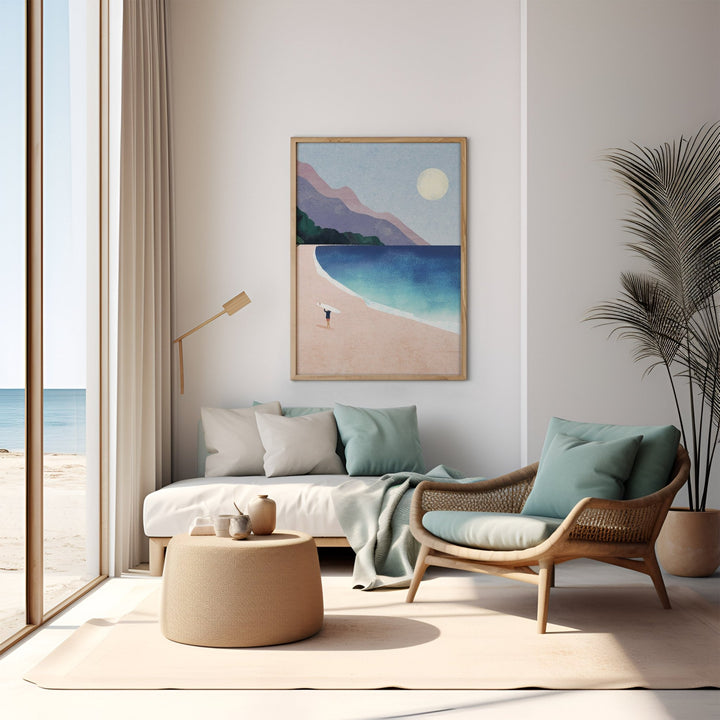 Modern living room with a beach-themed painting, sofa, and armchair.